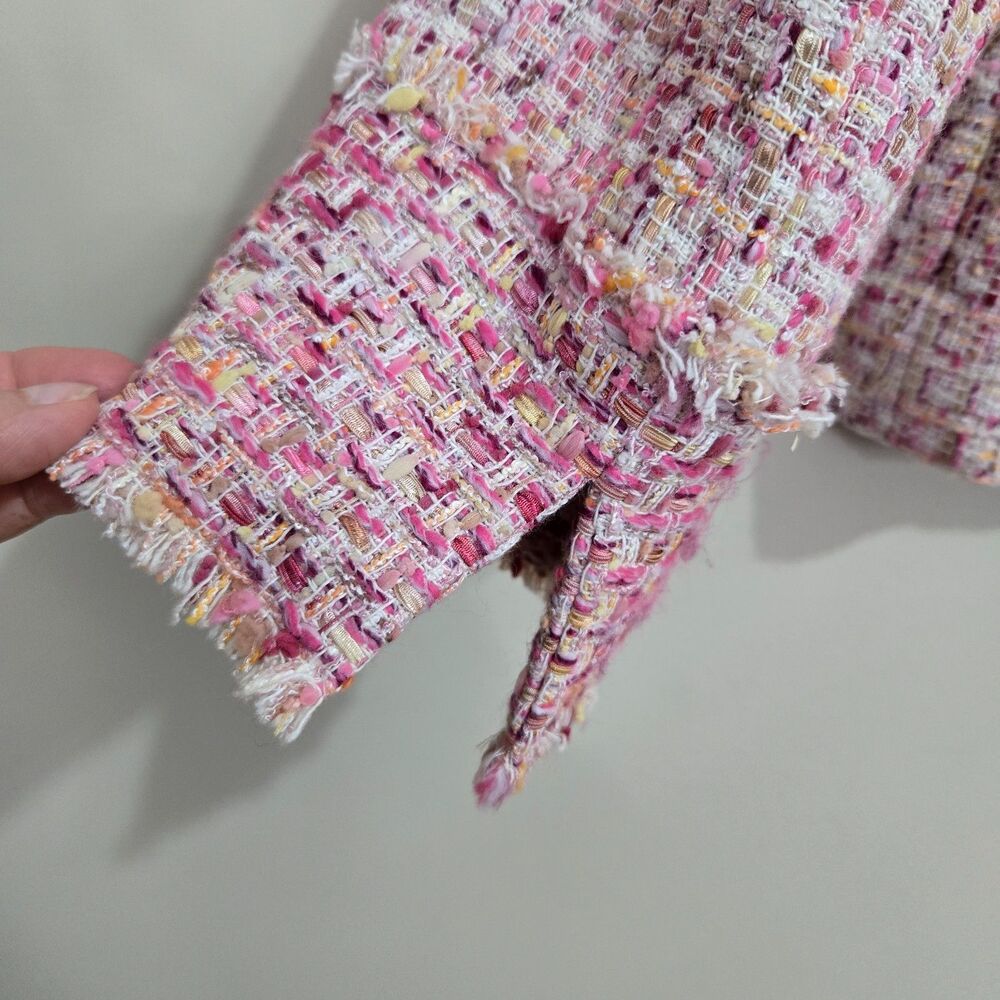 Etcetera Fringe Tweed Jacket Size 2 Zip Front Barbie Pink Tones Office old money - Picture 7 of 12